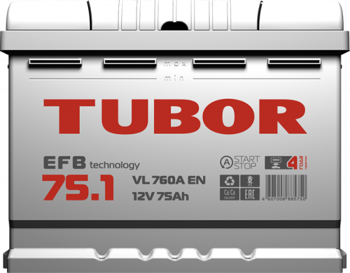 Аккумулятор TUBOR EFB 6ст-75.1 VL — купить в магазине akkumulyator.online с бесплатной доставкой и установкой по Самаре.